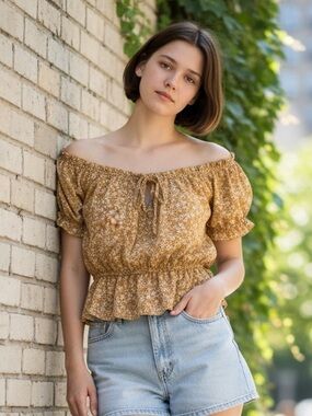 one clothing Mustard Floral Off-Shoulder Peplum Blouse